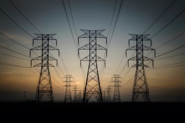 Fototapeta premium Shadows of energy transmission towers, high voltage tower silhouette photo