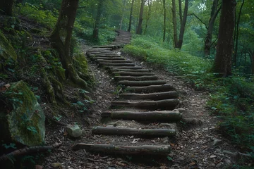 Foto op Plexiglas walk trail with wooden steps in the middle of a forest © Robert