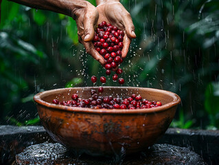 A scene of coffee cherries being gently tossed into a handcrafted clay pot in Costa Rica with a dense