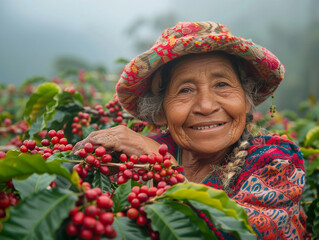 A snapshot of a Guatemalan woman with a warm smile picking coffee cherries