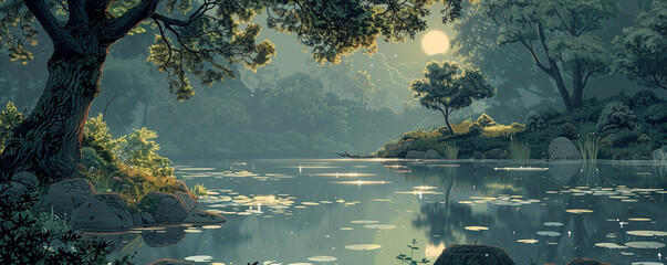 lush greenery, shimmering pond, the entire environment has sentience and rights, a fantastical scene captured in a detailed digital painting, under the gentle illumination of backlighting - 774590114