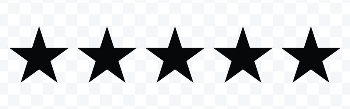 Star icon. Vector Black  isolated five stars. Customer feedback concept. Vector 5 stars rating review. Quality shape design 8 9 