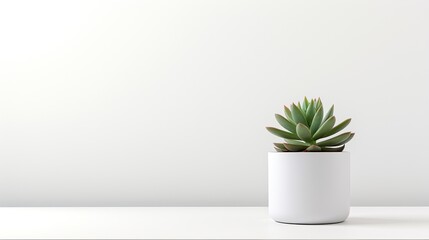 Succulent plant in white pot on white shelf against white wall