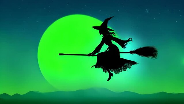 Witch flying on her broomstick with green moon Halloween animation