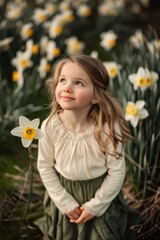 Girl amid daffodils looking skyward. Young girl in green dress looking up surrounded by daffodils in the spring