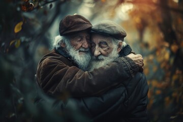 Two men hug each other in a forest