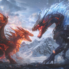 A fire dragon and ice dragon face each other in an epic battle, with snowy mountains behind them