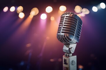 shot Vintage microphone on stage with bokeh lights background photo