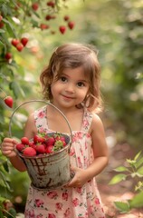 Toddler with strawberries in rustic bucket. Cute toddler with a bucket full of strawberries in a lush setting
