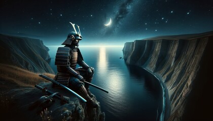Visualize a samurai character sitting at the edge of a cliff overlooking a calm sea under a starry night sky. - obrazy, fototapety, plakaty