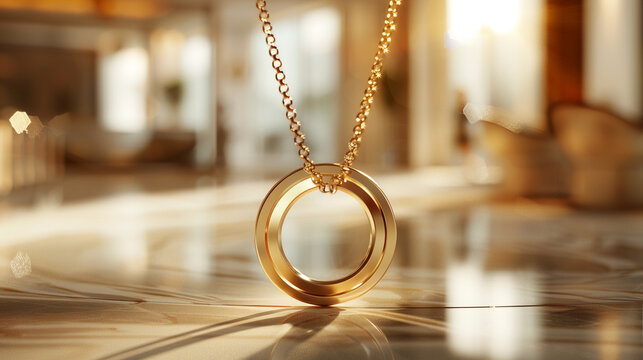 Modern Necklace, Contemporary Design, minimalist style, A sleek and elegant jewelry store displaying the latest gold accessories, Realistic render, Spotlight, Chromatic Aberration