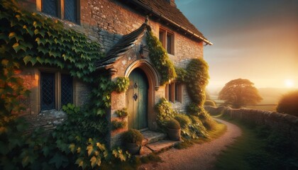 The entrance to an old, ivy-covered stone cottage at dawn, with the doorway bathed in the soft light of sunrise. - obrazy, fototapety, plakaty