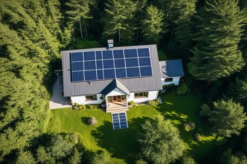 Casa sustentável, em meio à floresta com placas de captação de energia solar. Gerado com IA