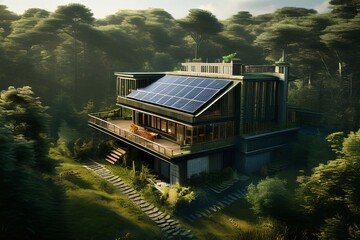Casa sustentável, com placas solares em meio à natureza, gerado com IA