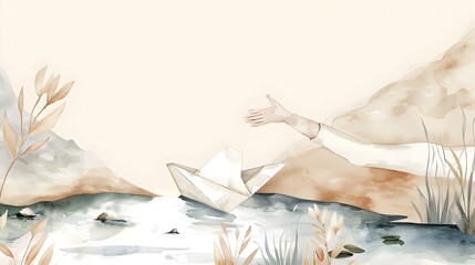 Person Launching Paper Boat, Ideal for Concepts of Aspiration and Letting Go, Watercolor Biblical Illustration ,copy space , minimalist - obrazy, fototapety, plakaty