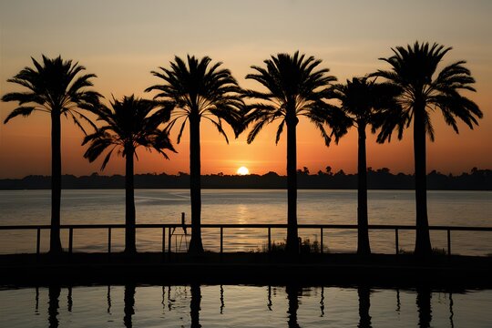 Silhouetted palm trees create a serene vista against the lakeside