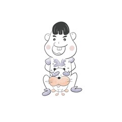 cartoon hand drawn boy bathing dog by watercolor style