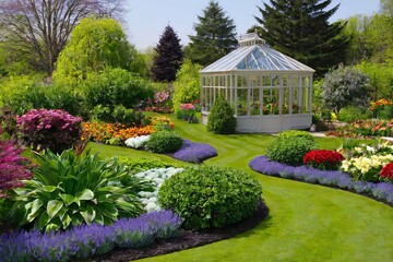 Jardim florido, gramado, árvores e uma estufa para flores