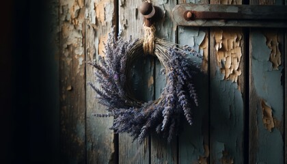 A weathered barn door with peeling paint, adorned with a wreath of dried lavender.