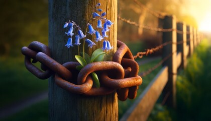 A rusty chain wrapped around an aged wooden fence post, with a cluster of small bluebells hanging from one of the links. - obrazy, fototapety, plakaty