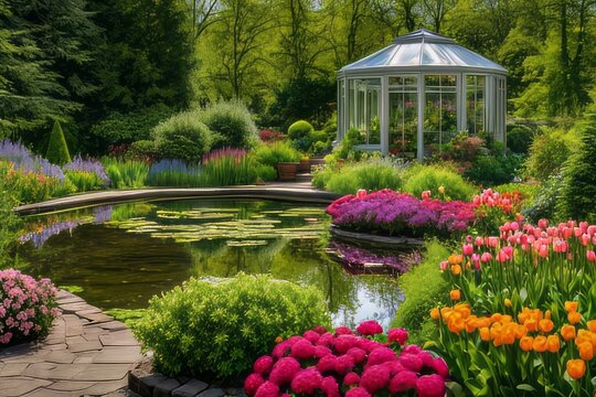 jardim florido com pequeno lago e estufa de flores. Gerado com IA