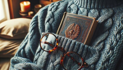 A close-up image of a woolen sweater with a pair of reading glasses and a classic novel in the pocket.