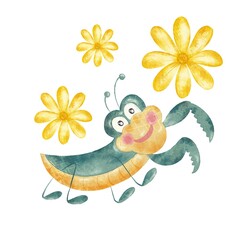 Cartoon grasshopper and flower hand drawn in watercolor style.