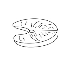 A fish is shown in a white background. The fish is cut in half and has a small hole in the middle