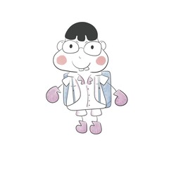 Cartoon boy go to school drawn by hand, using lines and watercolors.