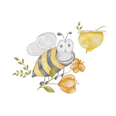 Bee and flower, hand drawn, watercolor style.