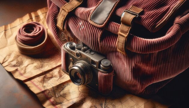 A close-up image of a corduroy bag with a vintage camera and a map sticking out, suggesting an adventure.