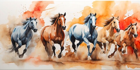 water color illustration of running horses with colorful paint splashes