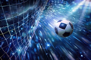 Fototapeta premium Soccer ball hitting the back of the net with a cosmic backdrop, depicting the thrill of scoring a goal