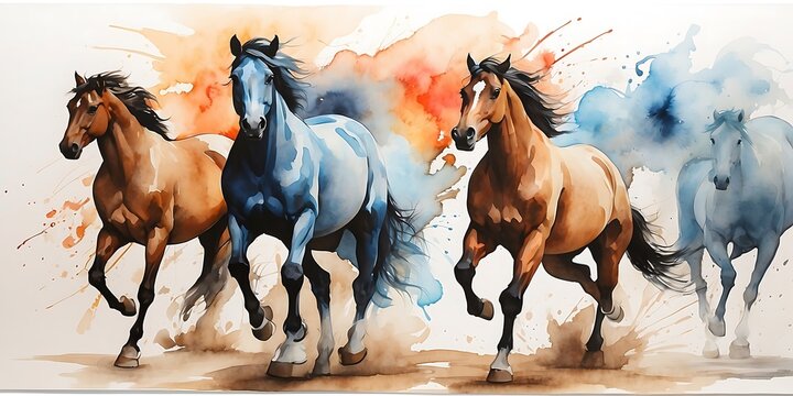 water color illustration of running horses with colorful paint splashes