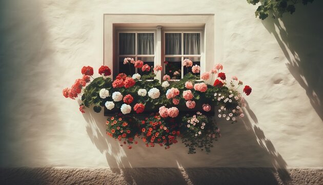 A quaint windowsill with overflowing flower boxes full of multi-colored geraniums against a white stucco wall.