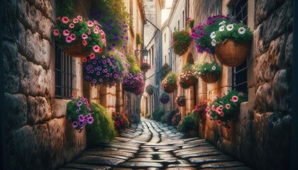 Fototapeta na wymiar A picturesque close-up image of a narrow cobblestone alleyway adorned with hanging baskets overflowing with multicolored petunias.