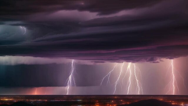 City Stormscape: Night sky ablaze with lightning, clouds brewing over the city, amidst a backdrop of stars and the shimmering sea