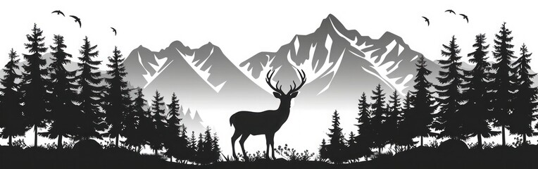 Wilderness Adventure: Deer Silhouette Camping in Mountain Forest - Vector Illustration Panorama Logo