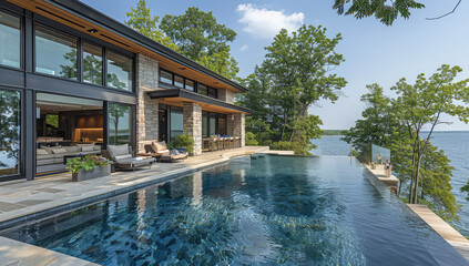 A modern lakehouse with large windows, stone accents and an infinity pool. It is surrounded by trees on the shore of Lake Doricons in North Carolina. Created with Ai