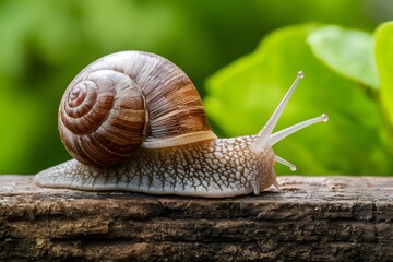 Snail crawls on wooden background in garden, nature macro photo - obrazy, fototapety, plakaty