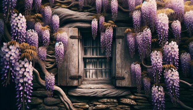 An image showcasing a close-up of a wooden window frame on an old stone cottage, surrounded by cascades of purple wisteria in full bloom.