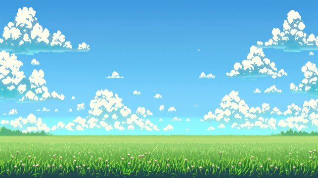 Pixel art game background featuring a blue sky with clouds, a green field below, and space in the middle of the screen for characters and text