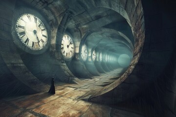 Lonely wanderer in timeless corridor with infinite clocks, exploring continuity of moments - obrazy, fototapety, plakaty