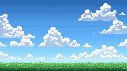 Pixel art game background featuring a blue sky with clouds, a green field below, and space in the middle of the screen for characters and text - obrazy, fototapety, plakaty