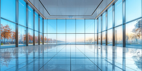 A large glass curtain wall in the interior of an office building, overlooking the winter landscape outside with a clear sky and light blue color scheme. Created with Ai - 774592768