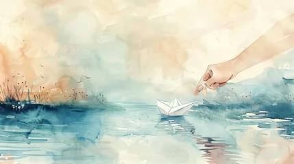 Fotobehang Hand Launching Paper Boat, Metaphor for Exploration and Dreams, Watercolor Biblical Illustration ,copy space , minimalist © R Studio