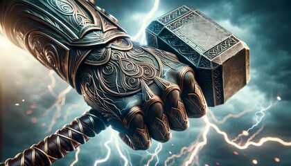 A detailed image of Thor's gauntleted hand gripping Mjölnir, with veins of electricity coursing through the intricate designs etched into the gauntlet. - obrazy, fototapety, plakaty
