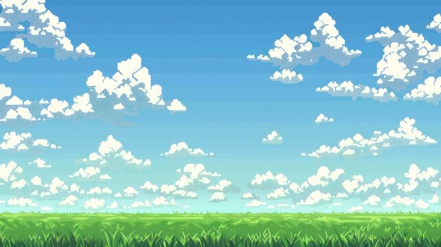 The pixel art game background depicts a blue sky with clouds, a green field below, and space in the middle of the screen for characters and text.
