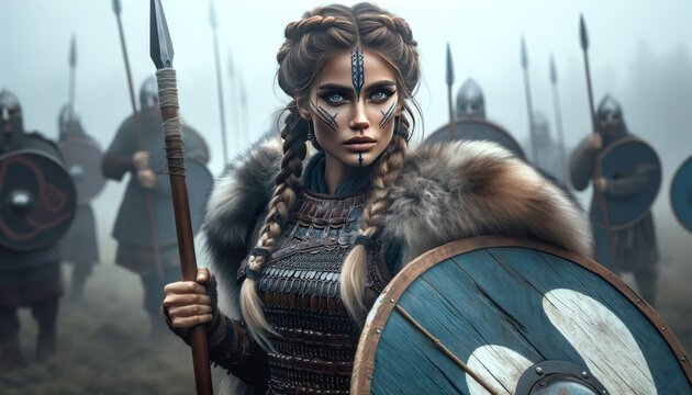 A female Viking shield-maiden, her hair braided intricately, wielding a spear with an aura of fierce determination.