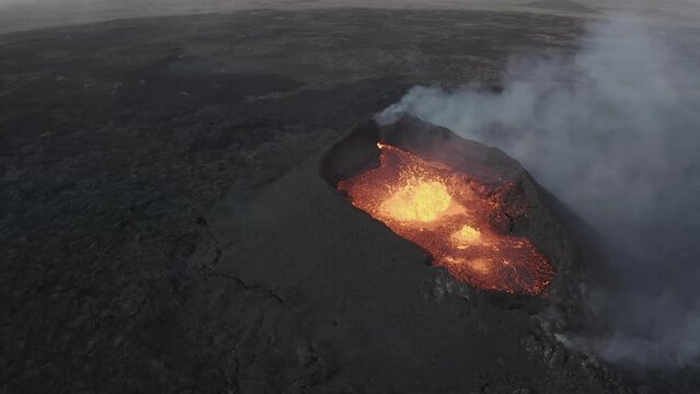 Aerial view of the volano in Iceland with lava field, eruption litli hrutur Iceland  